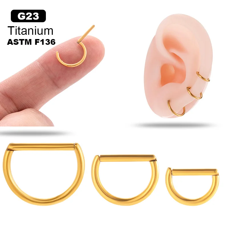 1Piece G23 Titanium Cartilage Hoop Earrings ASTM F136 Titanium D Shape Hinged Segment Clicker Septum Nose Ring Piercing Jewelry