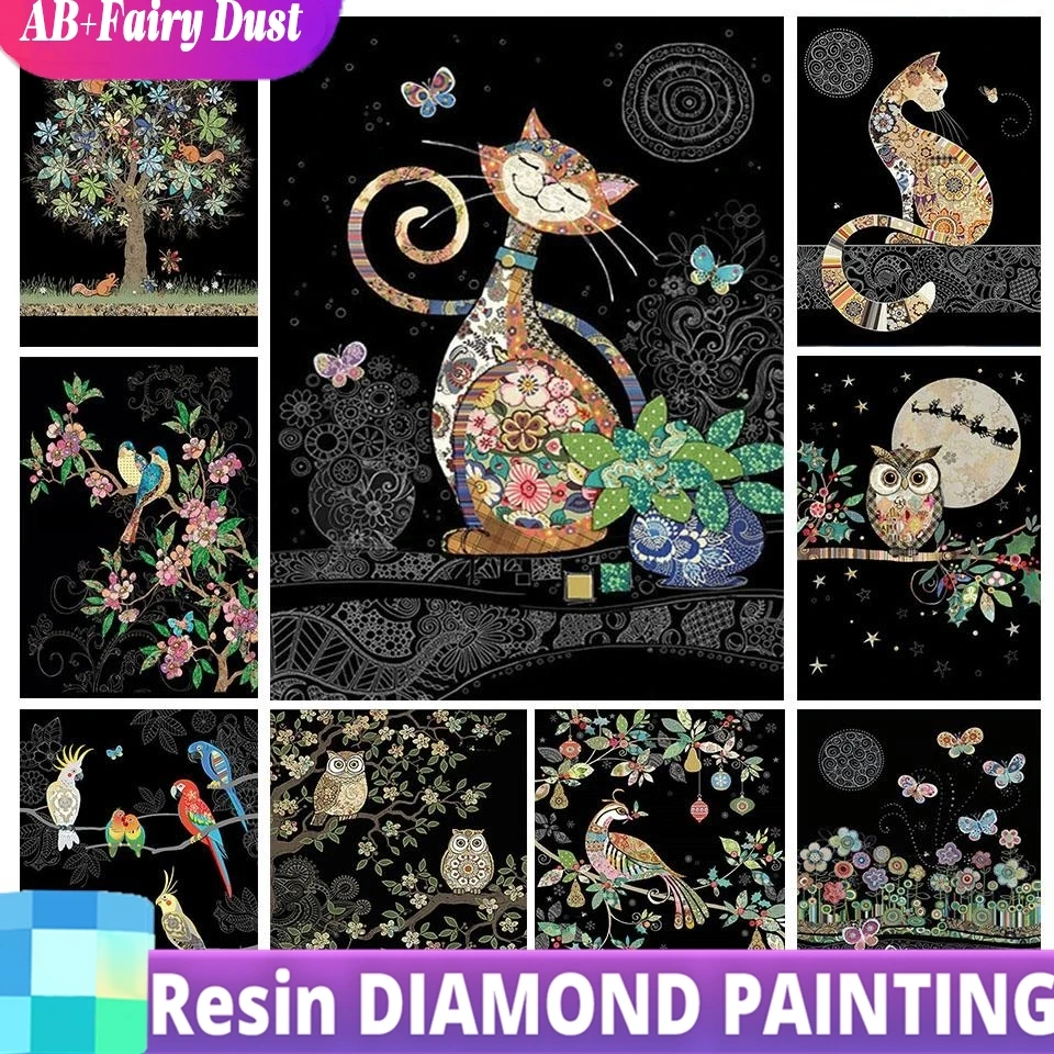 

Resin AB Fairy Dust Drill Art DIY Diamond Painting Cat Bird Trees Mosaic Rhinestones Animals Cross Stitch Kit Home Decor