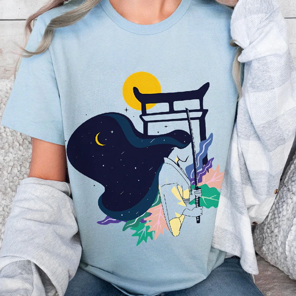 

Japanese -style Fantasy Night Moon Samurai Crew Neck Short - Sleeve, Stylish and Trendy T - Shirt Y2K Cotton Casual T-Shirt