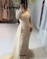 Arabic Beige Champagne Beaded Pearls Formal Evening Dress Aso Ebi Long Sleeves Party Gowns Mermaid With Side Train Prom Dresses