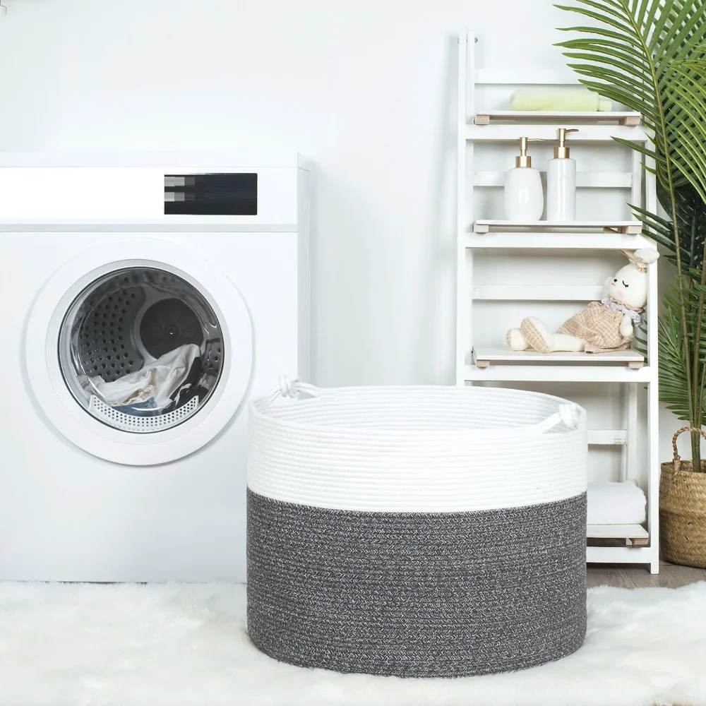 سلة كبيرة من الحبال القطنية المزخرفة لتخزين غرفة المعيشة مع مقابض واستخدام الغسيل