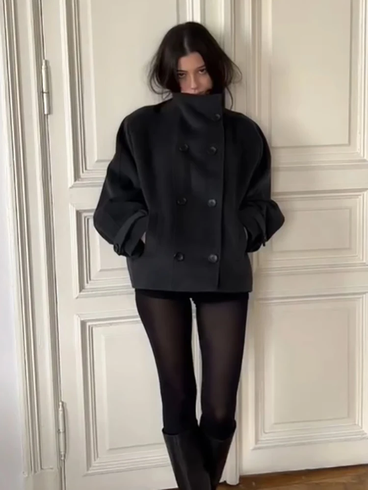 2026 Modischer Grauer Kunstwollmantel für Damen, Minimalistischer Stehkragen, Doppelreihige Lose Jacke, Frühling/Herbst, Einfarbige Damen-Oberbekleidung, Neu – Detail 12