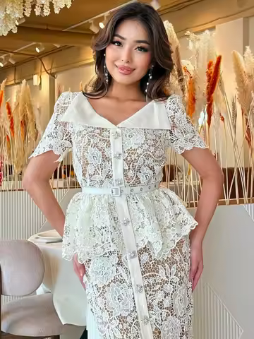 Elegant Hook Floral Hollow Lace Dress Summer Clothes Women Beaded Diamonds Short Sleeve Long Dresses Evening Party Dress Vestido