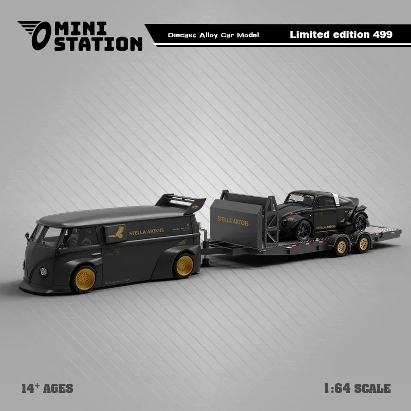 

Mini Station 1:64 RWB & T1 Van Stella Artois Matte Black w/Trailer limited499 Diecast Model Car