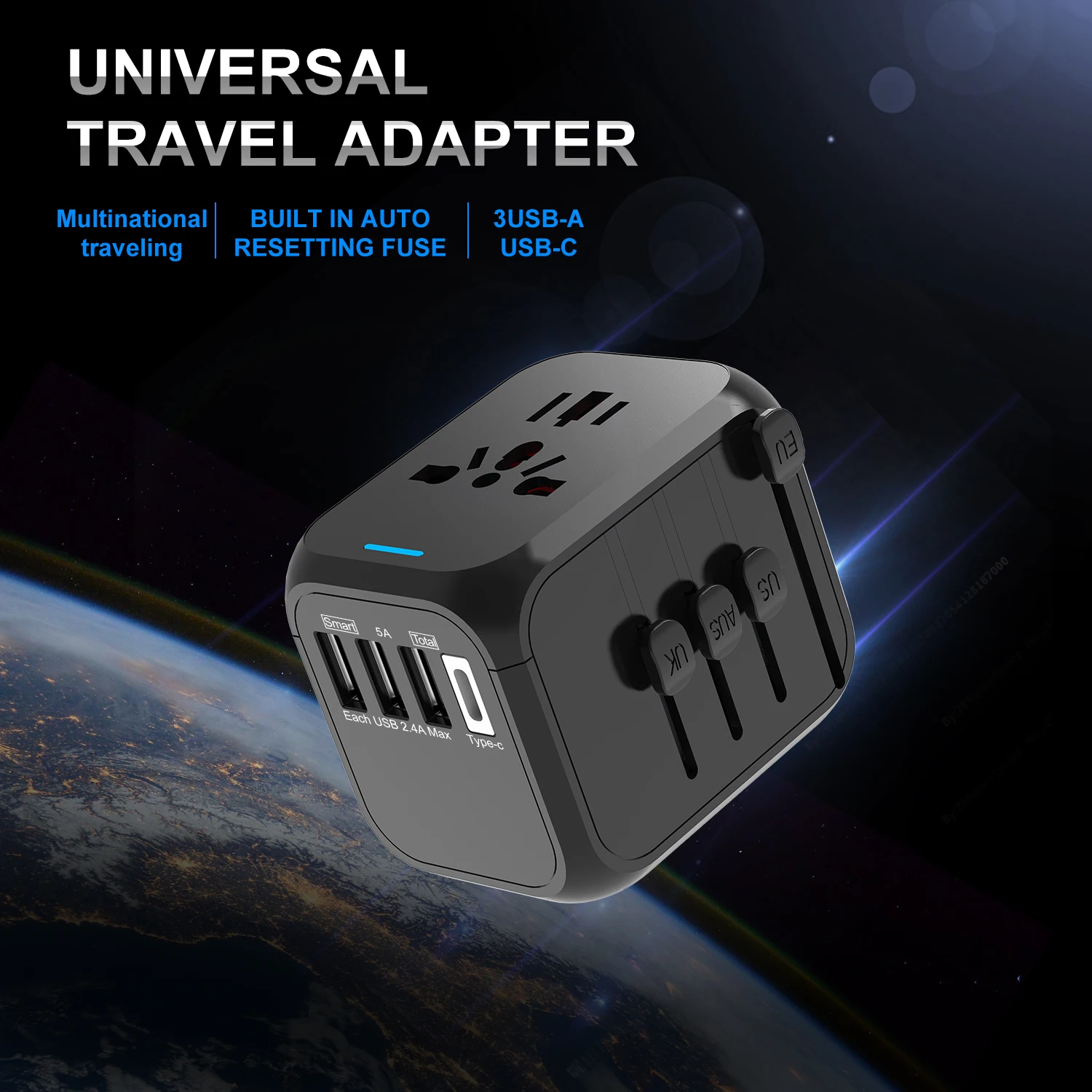 Universal Travel Adapter 3 USB 1 Type-C Port Fast Charging International Plug Adapter For EU UK US Australia Power Charger