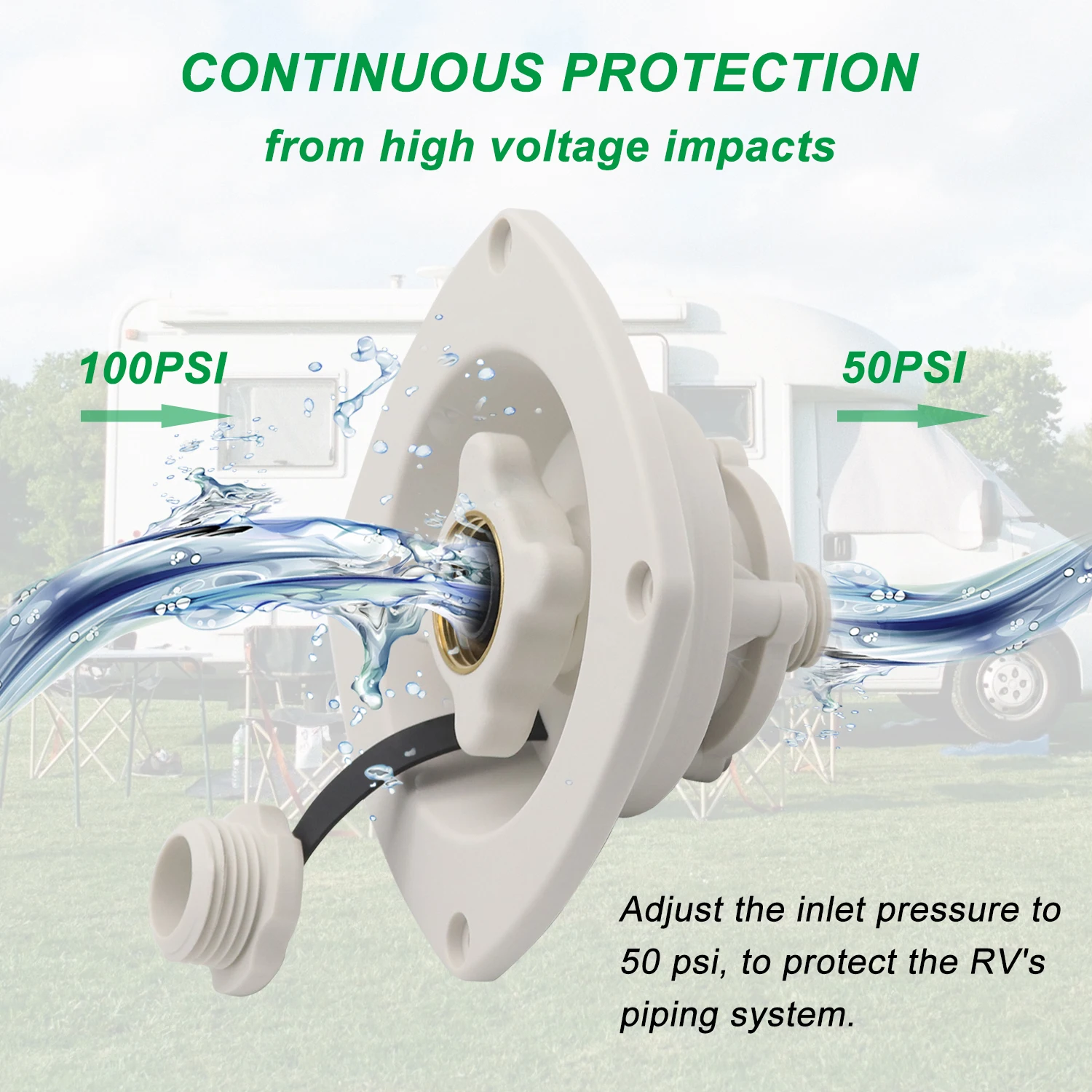 RV City Inlet Pressure Reducing Fill Hatch with Brass Check Valve and Quick Coupler Inlet Hose Adapter for RV Fresh Water Fill