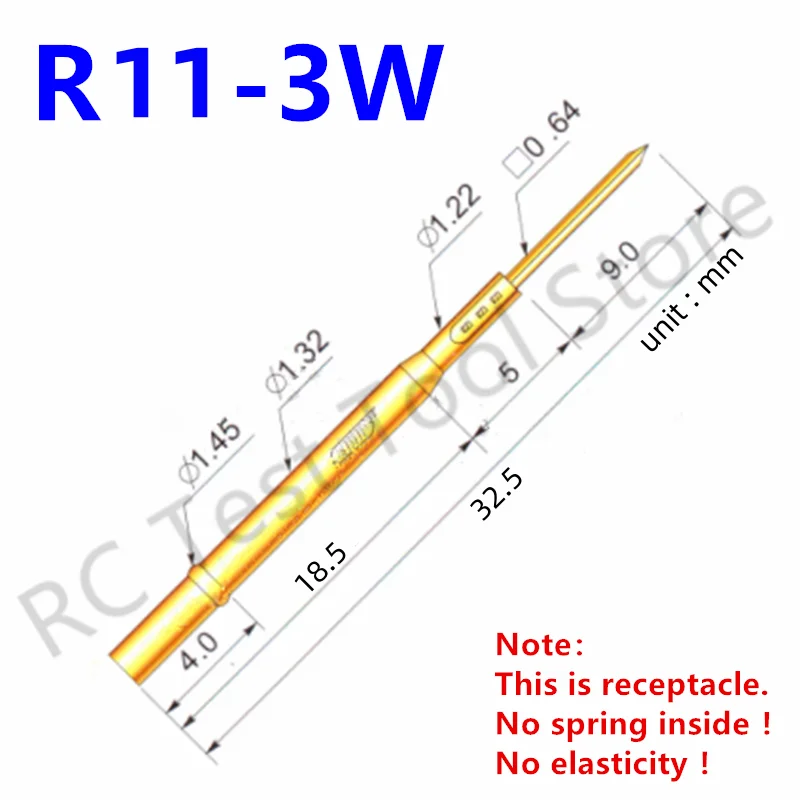 100PCS R11-3W Test Pin P11-B1 Receptacle Brass Tube Needle Sleeve Seat Wire-wrap Probe Sleeve Length 32.5mm Outer Dia 1.32mm