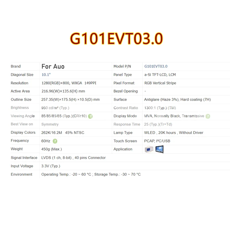 New Original G101EVT03.0 10.1 Inch LCD Display Screen With Touch Panel Screen Digitizer