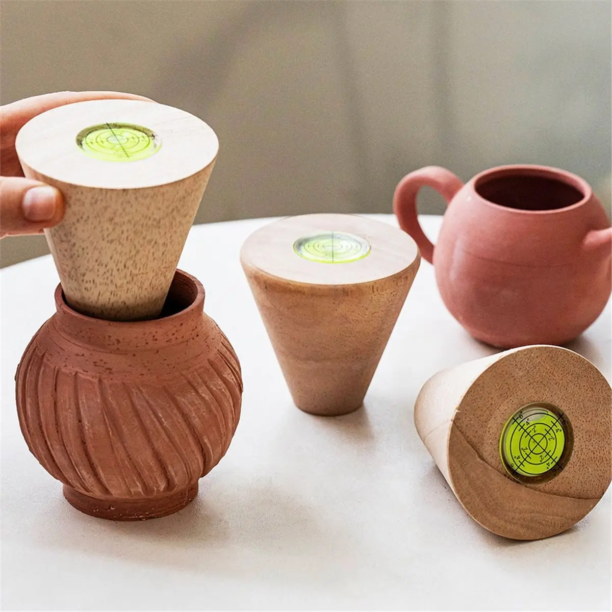 STOCK-Wooden Round Mouth Flat-Mouth Shaper with Spirit Level for Ceramic Cups Crafts Modeling Repair Clay Pot Making Tools