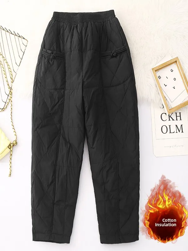 

Retro Button-Up Thiened Warm Casual Cotton Pants for plus Size Women Winter Harajuku Sle Loose Fit Trousers Pure Color