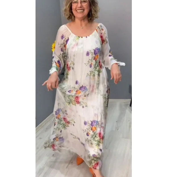 Abito lungo con stampa floreale a maniche lunghe con scollo a O alla moda da donna 2025 Abiti maxi casual larghi primaverili per donna Robe Femme