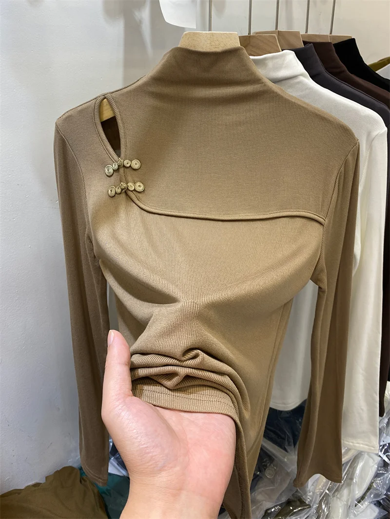 

End of Year Large Brand Women's Long Sleeve T-Shirt Shoulder Bared Button Base Shirt Velvet Half High Collar Hollow out