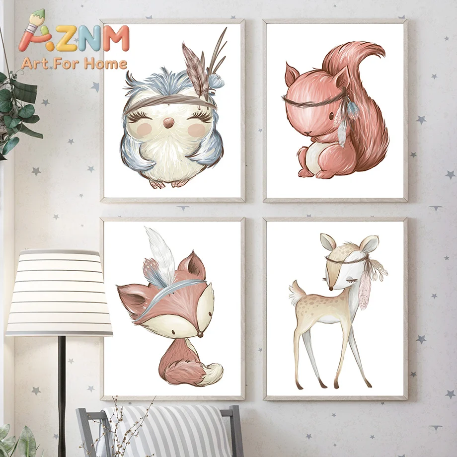Sika Deer Fox Rabbit Owl Bear Raccoon Squirrel Nordic Wall Art Aesthetics Print Canvas Painting Posters for Modern Home Decor