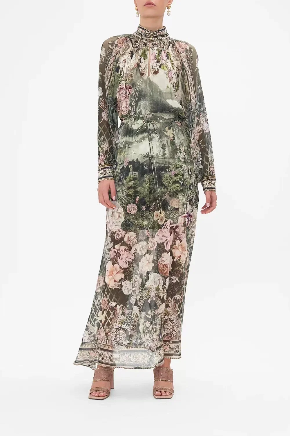 

Women Stand Collar Flower Printed Long Sleeve 100% Silk Straight Long Dress