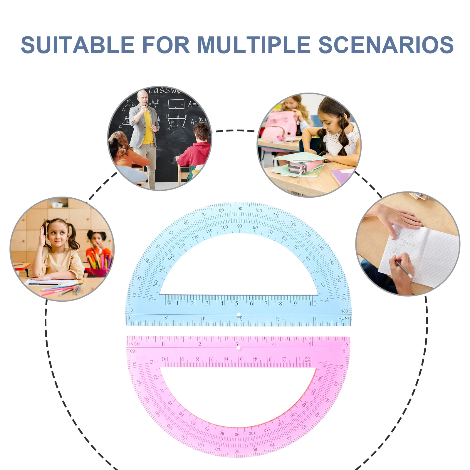 

5 Pcs Set 180 Degree Half Circle Measuring Ruler Math Protractor Tool Angle Tool Students Drafting ABS Plastic