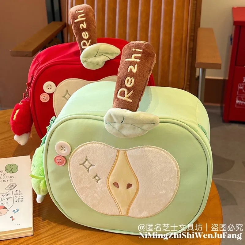 Red Apple Cosmetic Bag Plush Makeup Pouch Portable Toiletry Organizer Large Capacity Travel Skincare Storage Handbag for Women