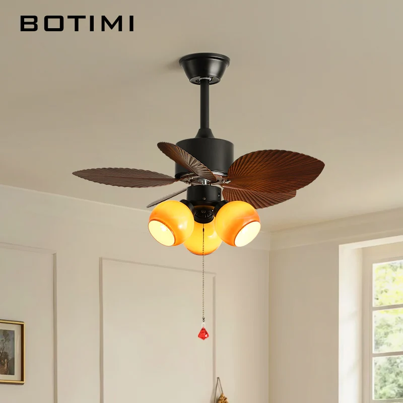 BOTIMI 32 Inch Ceiling Fan With Glass Lampshade Lights For Living Room Brown Ventilateur de plafon Bedroom Cooling Fans Lighting