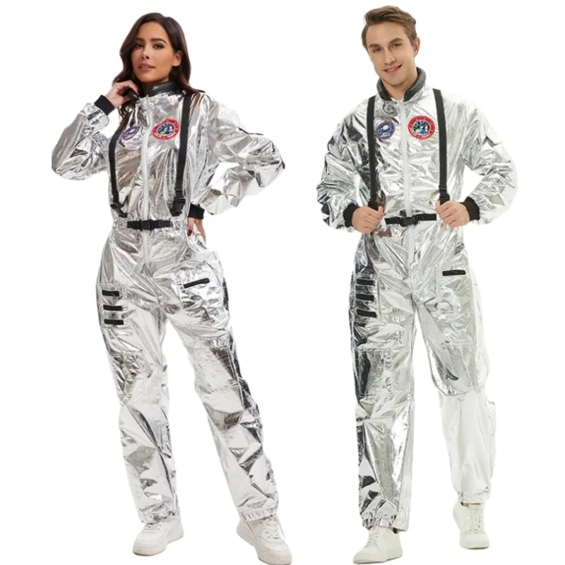 Men's Astronaut Costume Women Astronaut Jumpsuit Silver Space Suit Halloween Cosplay Expore Aliean