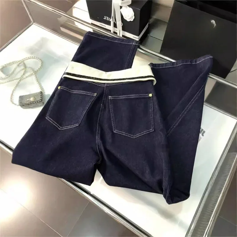 Pop primavera nova moda feminina calças jeans com design exclusivo gola cintura diariamente versátil denim calças de perna larga denim chão pant