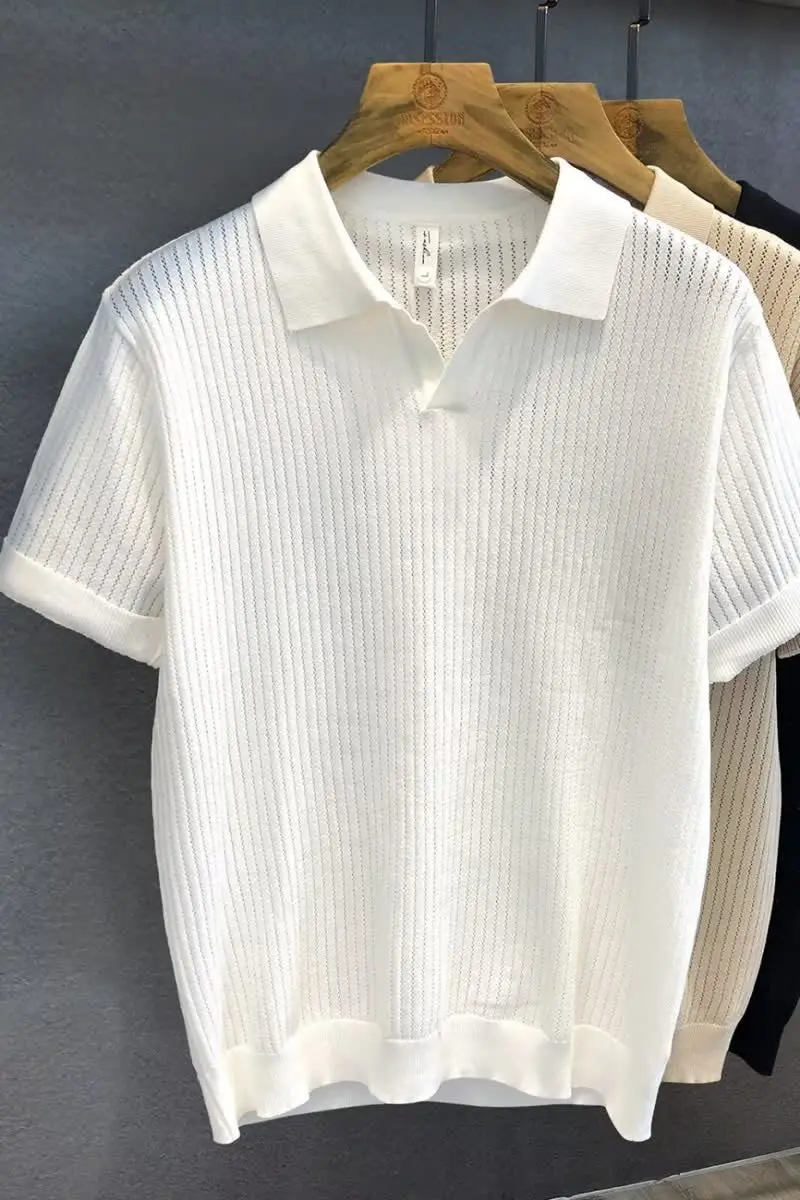 2026 Summer New Style Men's Collarless Short-Sleeved Sweater - Solid Color Knitted Shirt