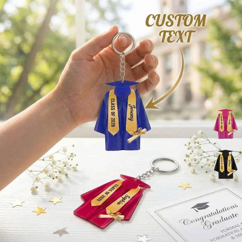Personalized Graduation Keychain, Custom Name and Class Year Acrylic Cap and Gown Keyring, Grad Gown Charm with Gold Sash Diplom