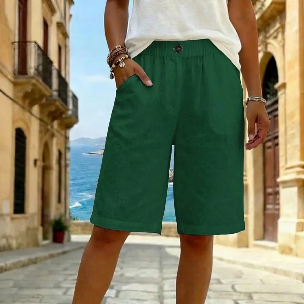 Imitation Cotton Linen Knee-length Shorts For Summer New Women's Casual Mid-waist Solid Color Commuting Shorts With Pockets
