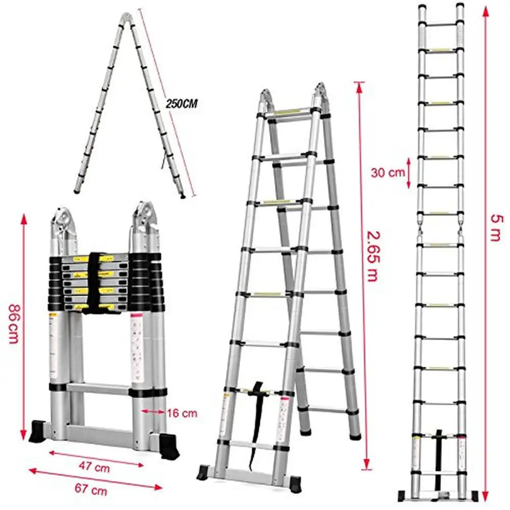 Foldable Telescopic Extension Ladder 16.5ft Lightweight Aluminum Compact Design Spring Lock System Adjustable Height Home