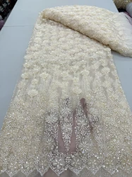2025 African Nigeria High-Quality Sequins Embroidery Tulle Lace Fabric Guipure Dress Beads Stone 5 Yards for Wedding Party JY408