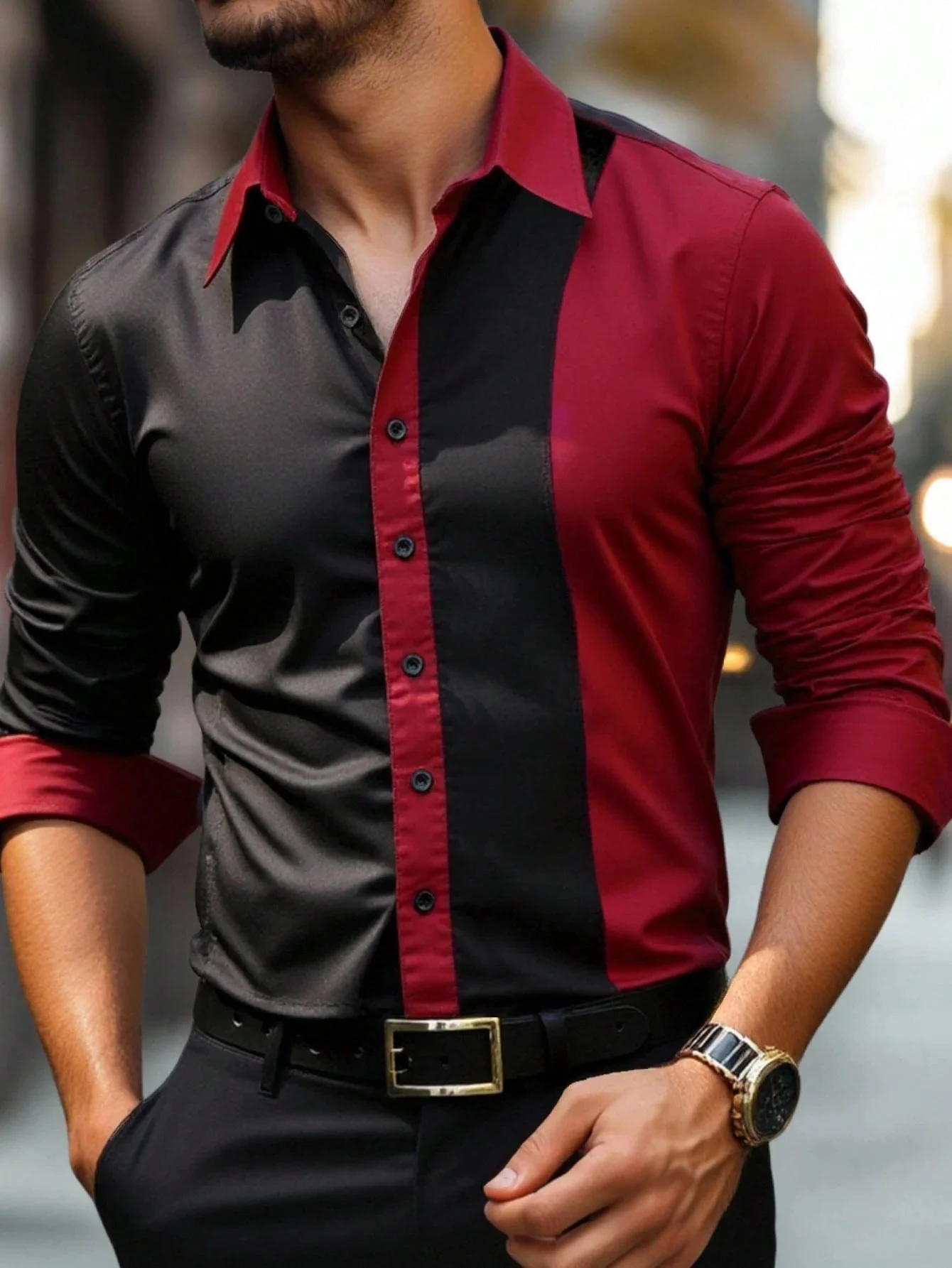 

New men's fashionable patchwork striped printed shirt, business casual comfortable breathable men's long sleeved lapel shirt
