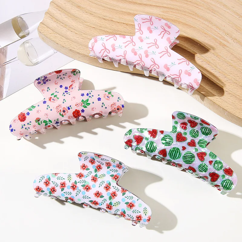 Hanger Shaped Large Hair Claw With Heart Cherry Floral Pattern, Cherry Bow Shark Clip, Lovely Accessory For Women Updo Hairstyle