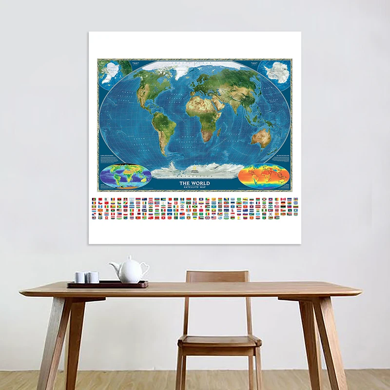 150X150cm Non-woven Spray World Map The World Satellite Map with Country Flag and Surface Temperature Map