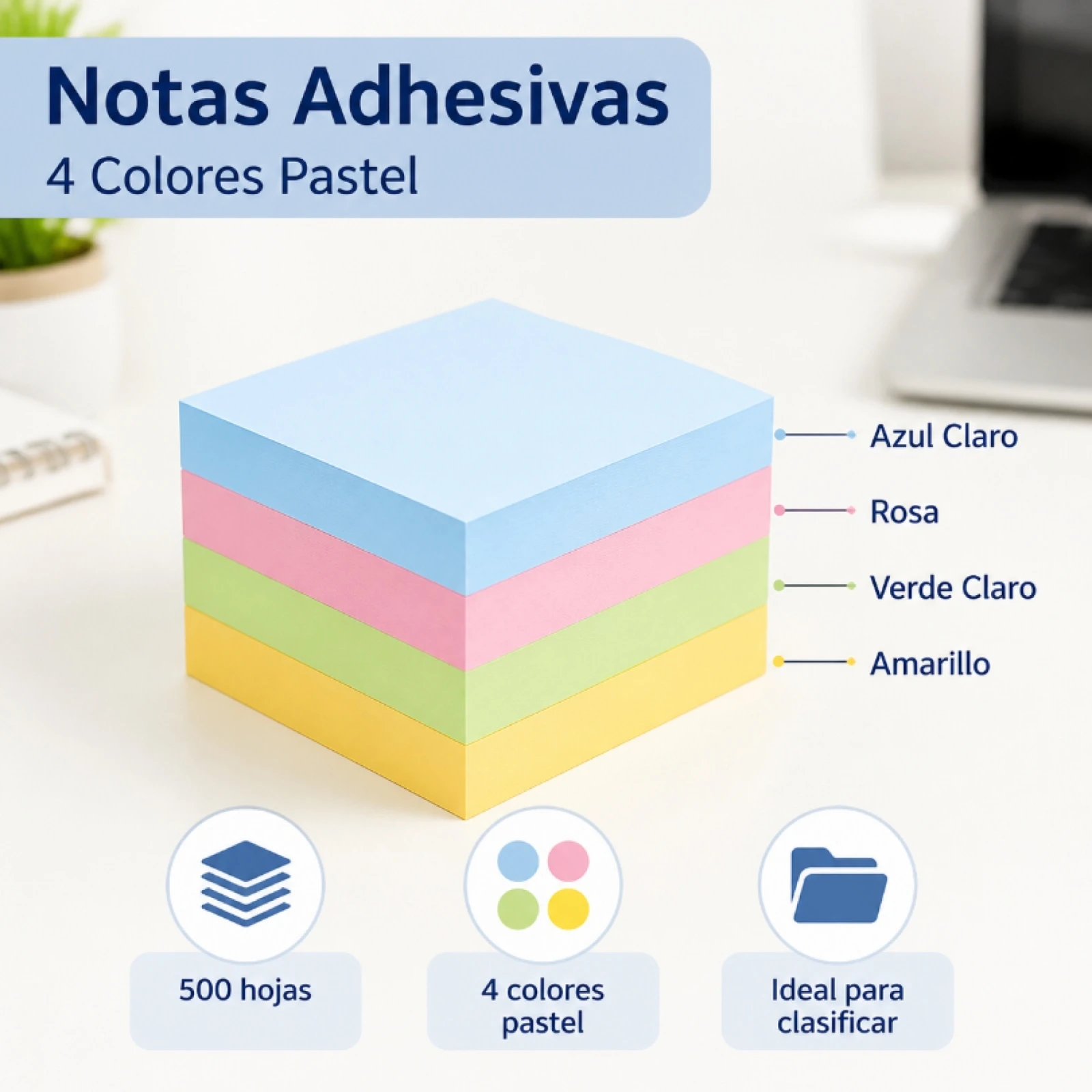 Blocs-notes autocollants couleur pastel 500 feuilles, blocs-notes adhésifs 7,6x7,6 cm pour le bureau et l'école, papier à notes carré pour les rappels et l'organisation du bureau