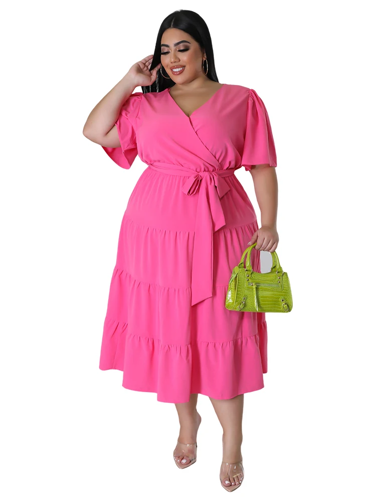 Plus Size Dress Women V-neck Spring Summer A-Line Short Sleeve Dress Female Solid Long Elegant Party Wholesale DropShipping