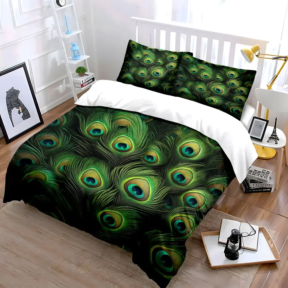 Peacock Feather Decor Set Soft Comfortable Duvet Cover Bedding Set Included 1*Duvet Cover & 2*Pillowcases, gift