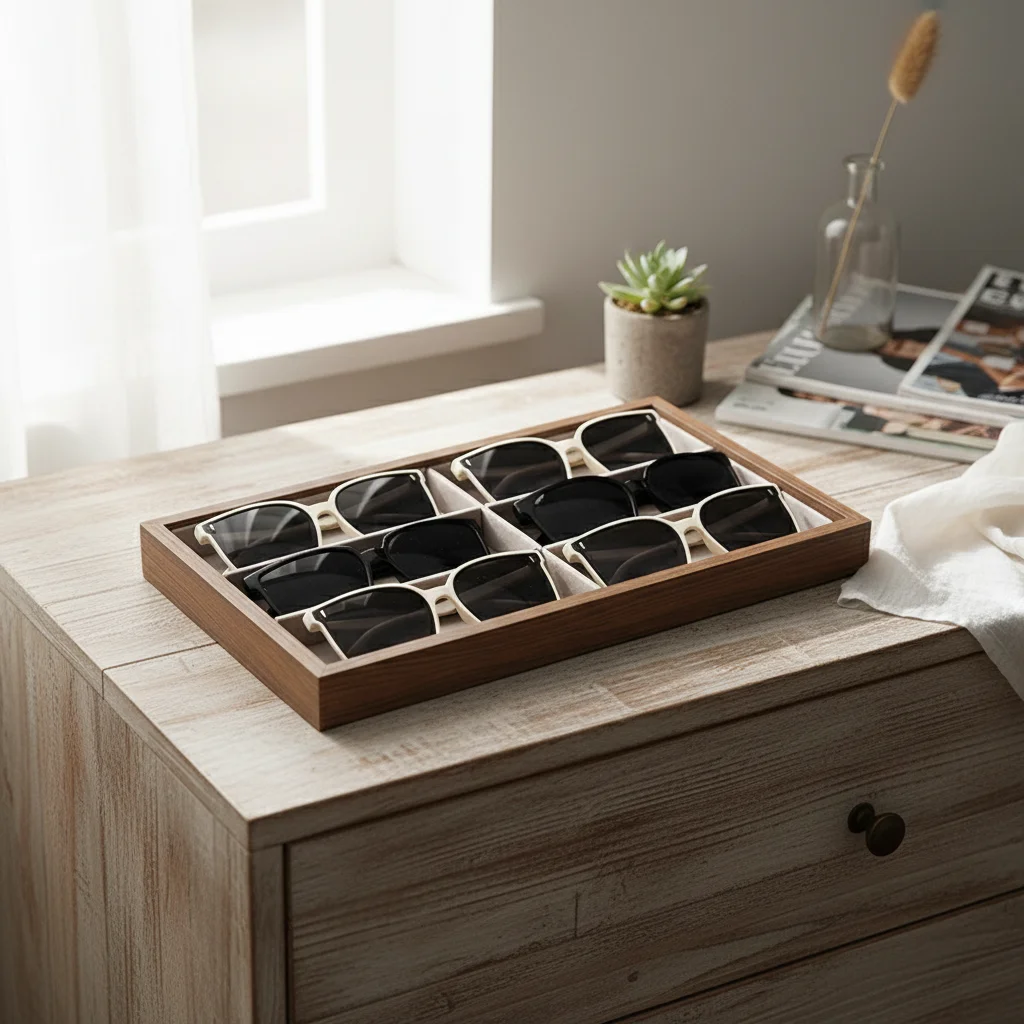 Walnut Sunglasses Display Stand with Storage for Live Streaming and Stall Use Multi-functional Eyewear Organizer