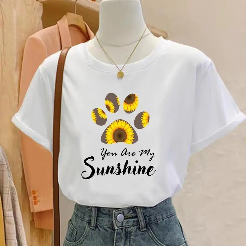 Women You Are My Sunshine Sunflower Paw Print T Shirt Round Neck Short Sleeve Casual Graphic Ladies Summer Tees Graphic T Shirts