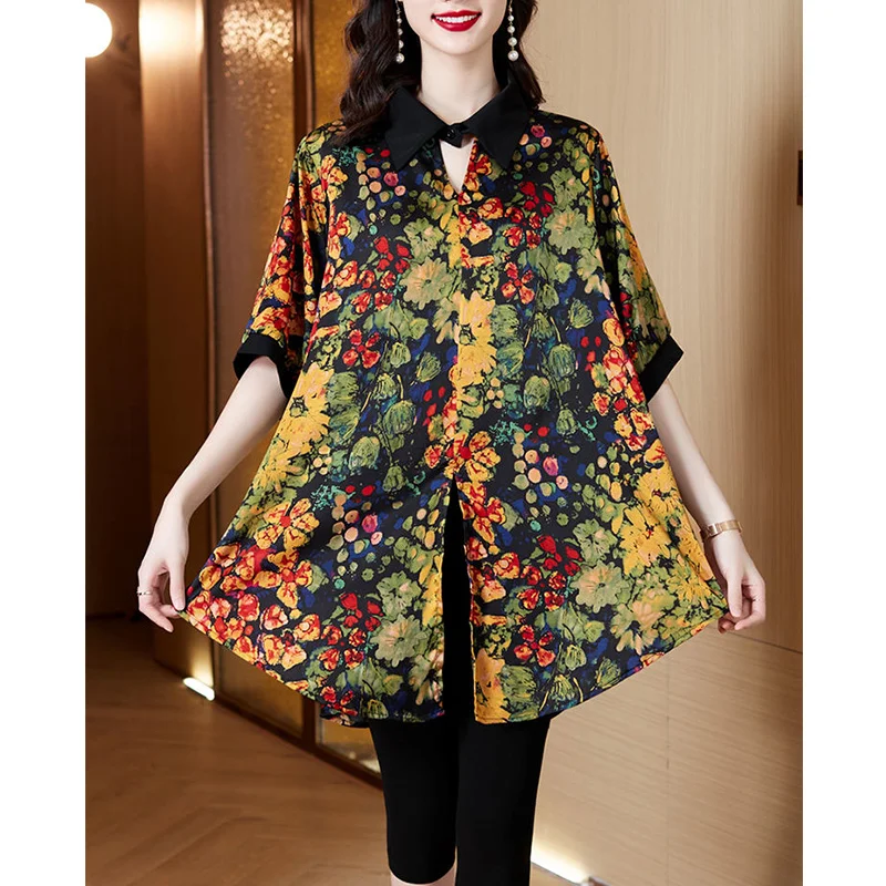 Summer New Loose Casual Floral Printed Patchwork Shirt Female Short Sleeve Vintage Cardigan Blouse Women Oversized All-match Top