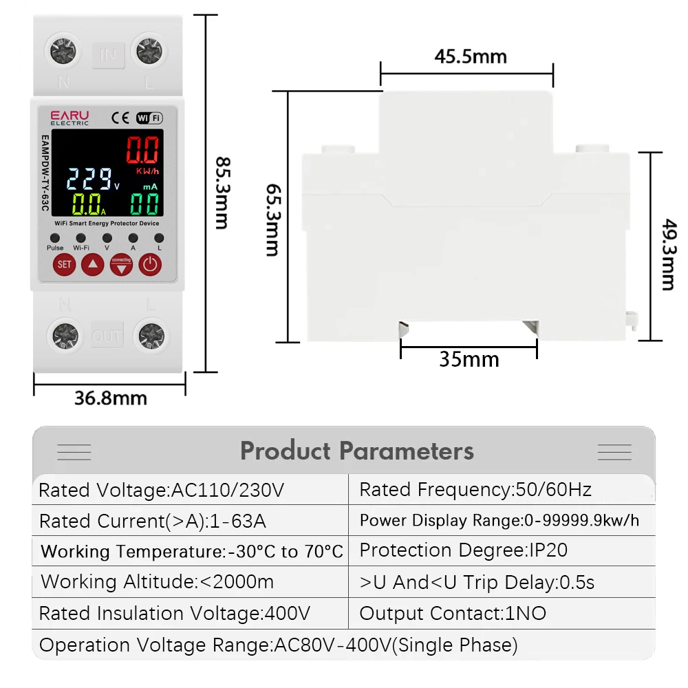 2P 63A TUYA APP WiFi Smart Circuit Earth Leakage Over Under Voltage Protector Relay Device Switch Breaker Energy Power kWh Meter