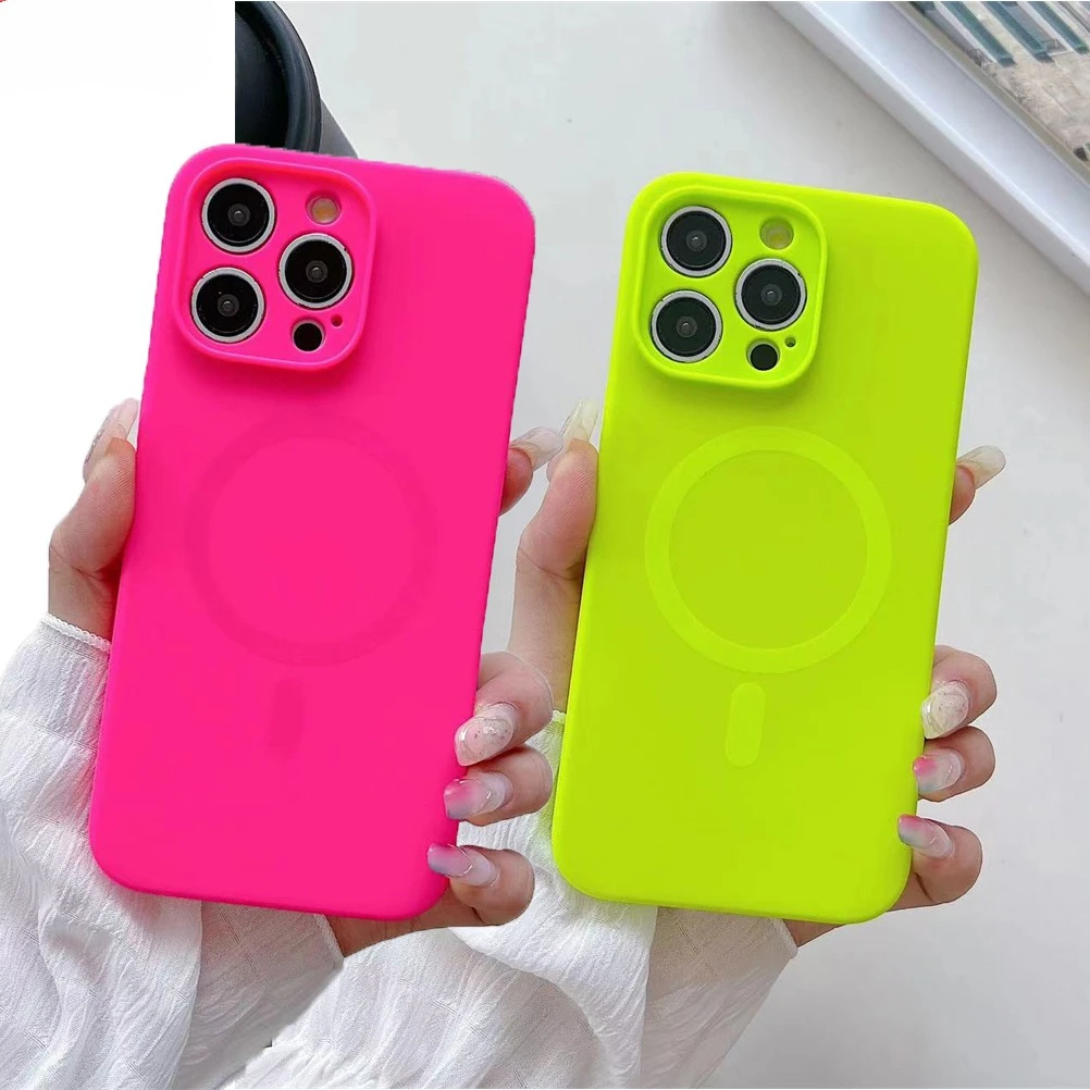 Fashion Bright Fluorescent Liquid Silicone Magnetic for Magsafe Case For iPhone 15 14 13 Pro Max Wireless Charging Candy Cover