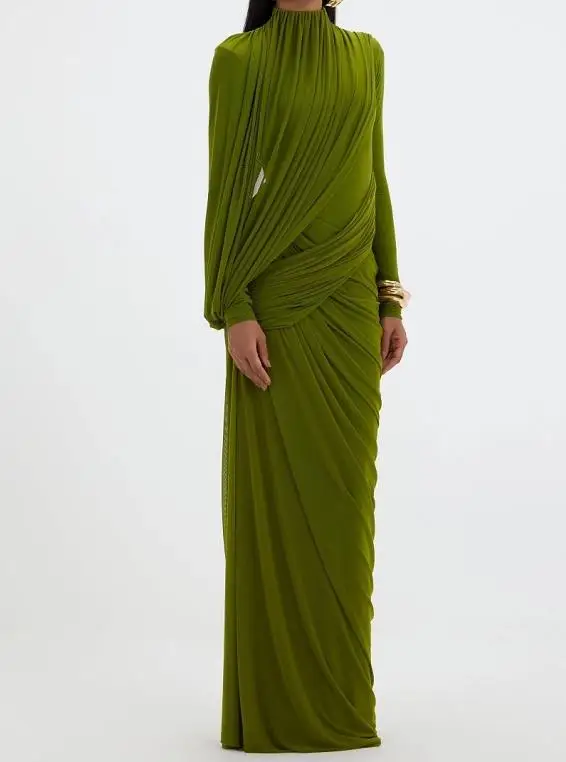 

Green Knitted Dress 2025 Autumn/Winter New Round Neck Asymmetric Wrinkle Slimming Hip hugging Dress Long Skirt