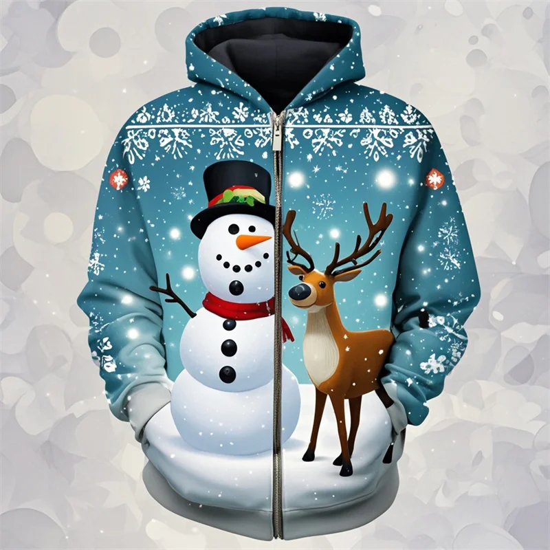 

Fall Fashion Men Zip Up Hoodies Men Women New 3D Print Snowman Reindeer Graphic Sweatshirt Trendy Y2k Men Kids Clothing Coats