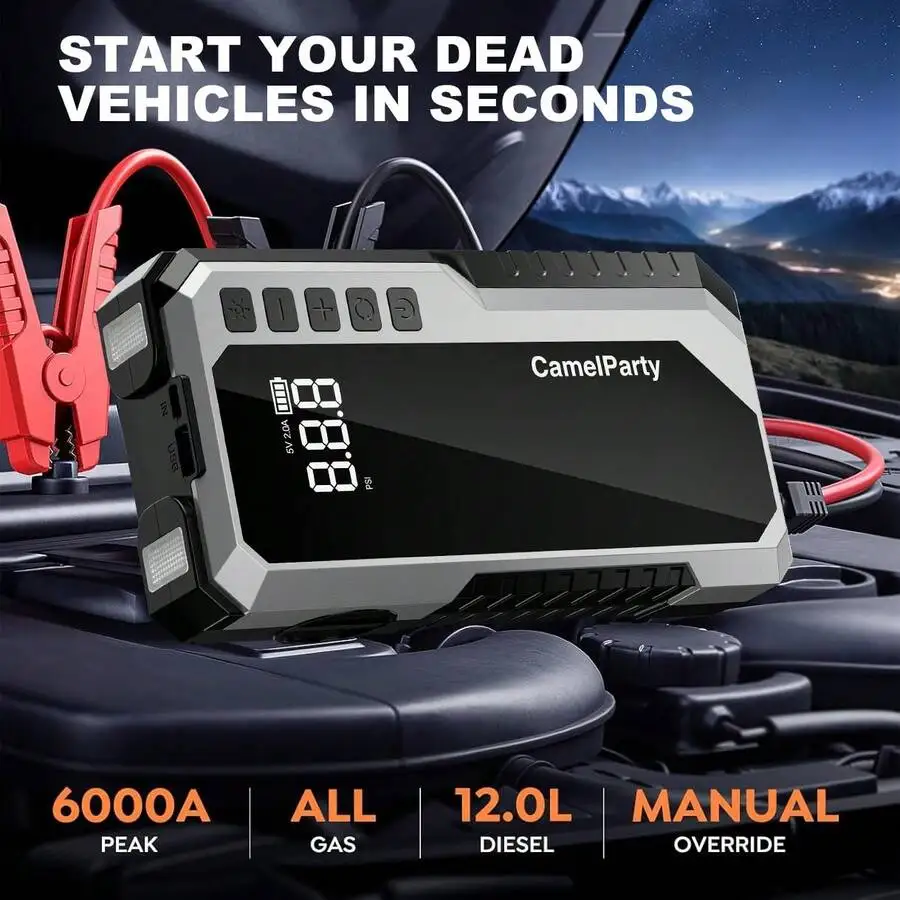 8-In-1 Portable 12V Car Jump Starter Featuring 150 PSI Air Compressor, Battery Charger, And Smart Cables For Gas/ Vehicles