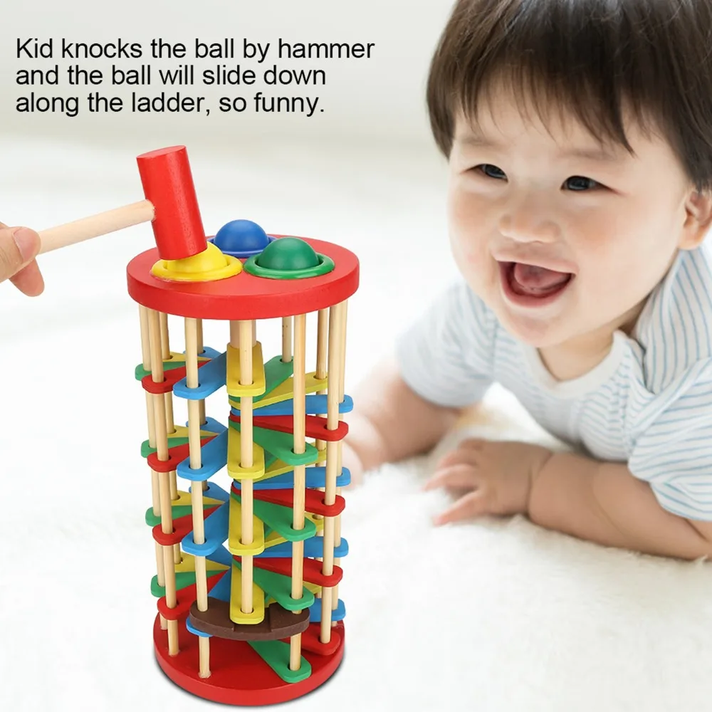 Interactive Colorful Knock Ball Toy Wooden Intelligence Development Ball Drop Game Hammer Action Wooden Ladder Toy Gift