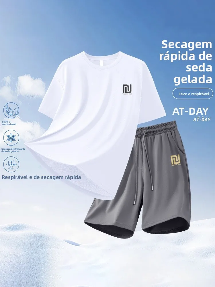戦士メンズ体操スポーツスーツアイスシルク通気性メッシュ半袖-tシャツティーンエイジャーランニングショーツ夏フィットネスセット