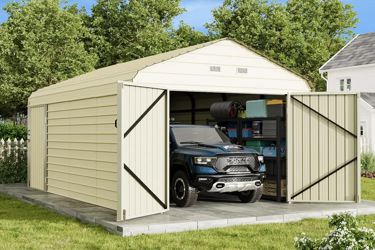 12x24 FT Heavy Duty Carport Galvanized Steel Frame Car Shelter Reinforced Base Enclosed Storage Shed Cars Trucks, Customized