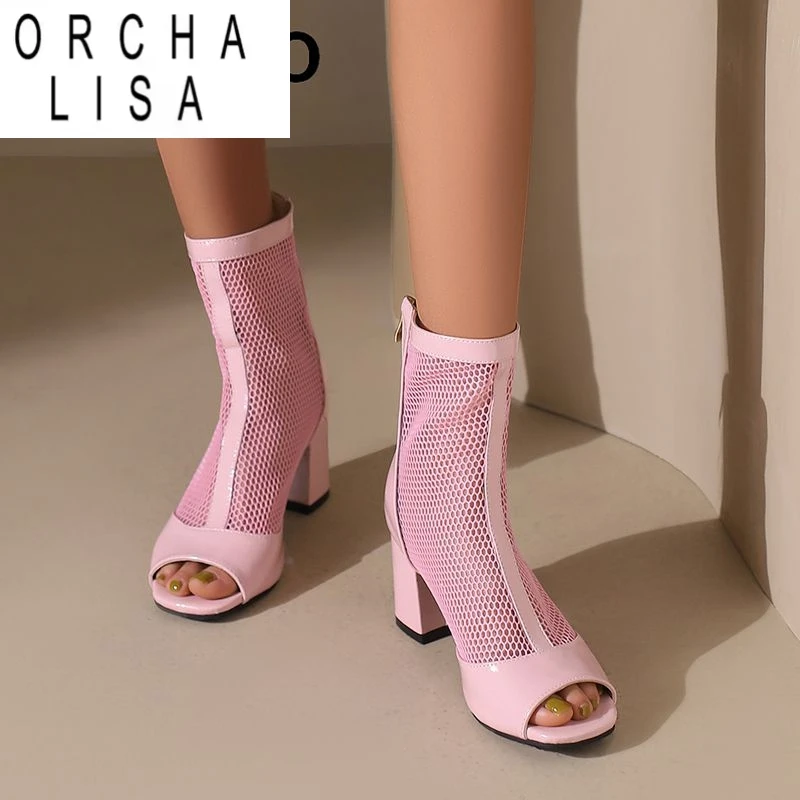 

ORCHA LISA Fashion Female Sandals Peep Toe Chunky Heels 7.5cm Zipper Breathable Mesh Plus Size 48 49 50 Shiny Women Dating Shoes
