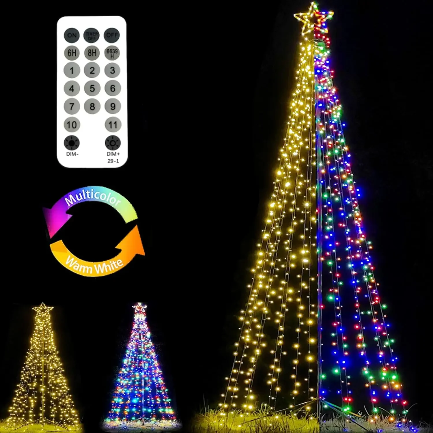 12Ft Outdoor Lighting Christmas Tree Lights Cone Tall Star Topped Artificial Christmas Trees Outside Decor Multicolor/Warm White