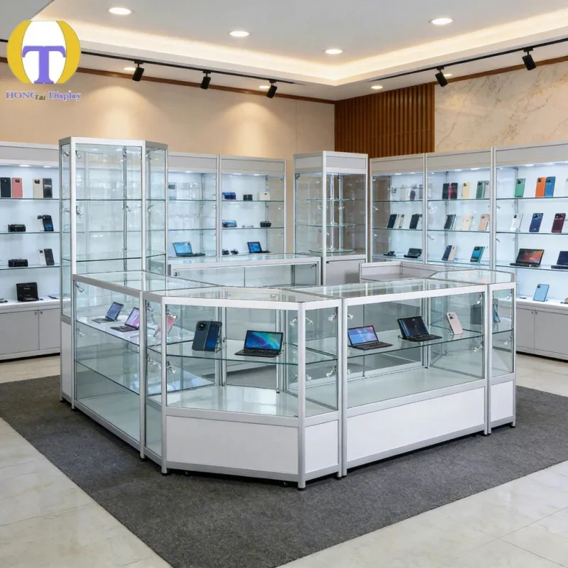 custom.HongTai Custom Size Recyclable High Quality Easy Clean Shopping Mall Glass Cabinet Shop Display Counter