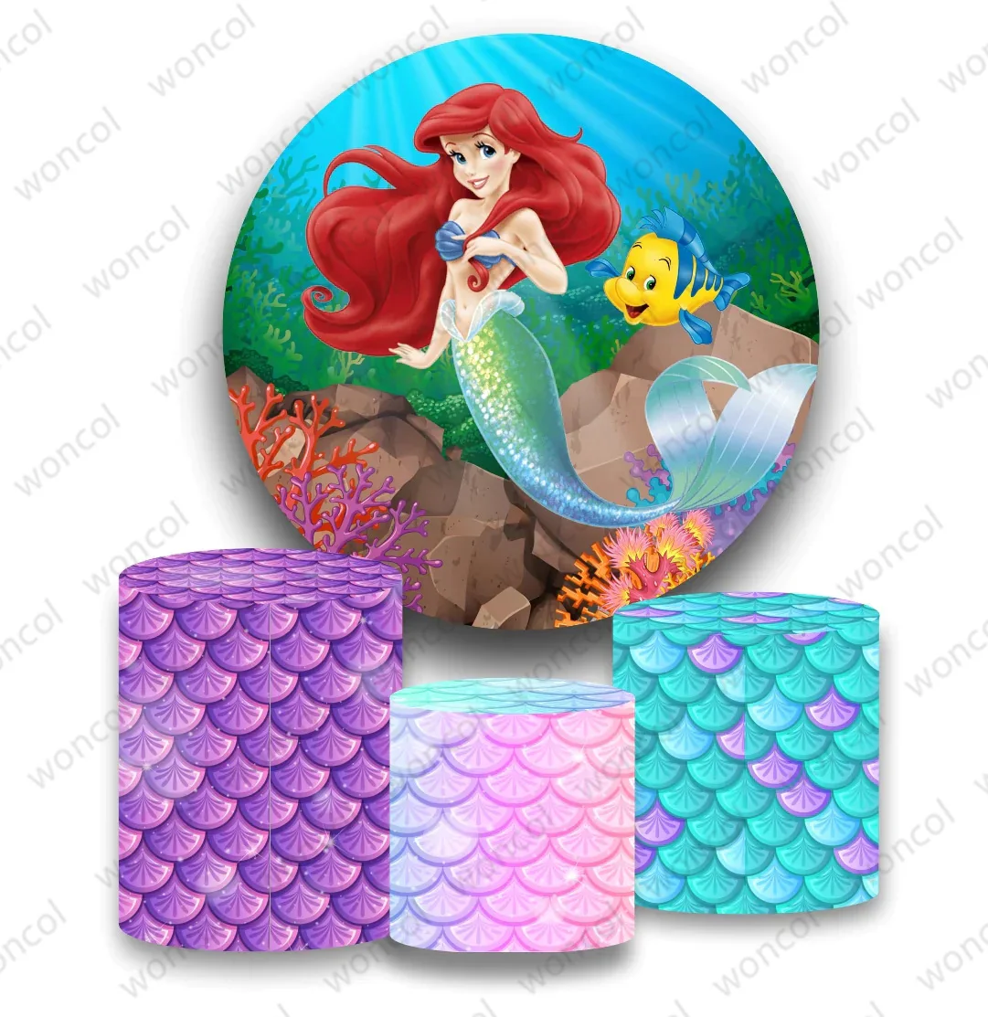 Круглый фон Ariel для девочек на день рождения, подводный фон с русалкой, Русалочка, круглая крышка цилиндра, украшения для вечеринки, реквизит