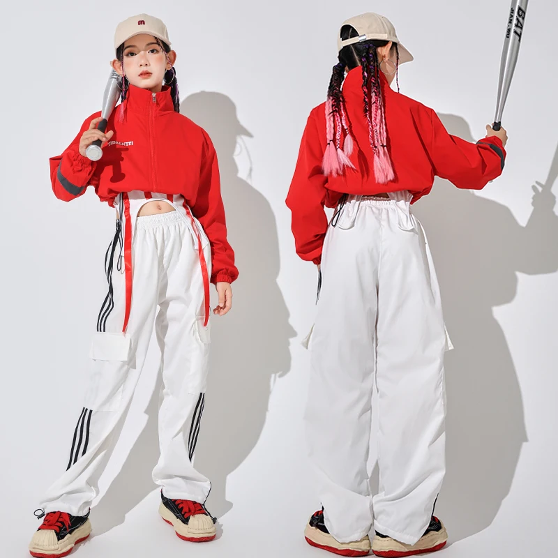 Kids Kpop Hip Hop Clothing Windbreaker Pullover Jacket Crop Top Streetwear Cargo Pants for Girls Boys Jazz Dance Costume Clothes